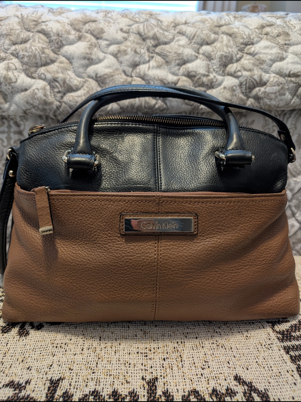 Calvin Klein Black & Brown Two-Tone Leather Satchel